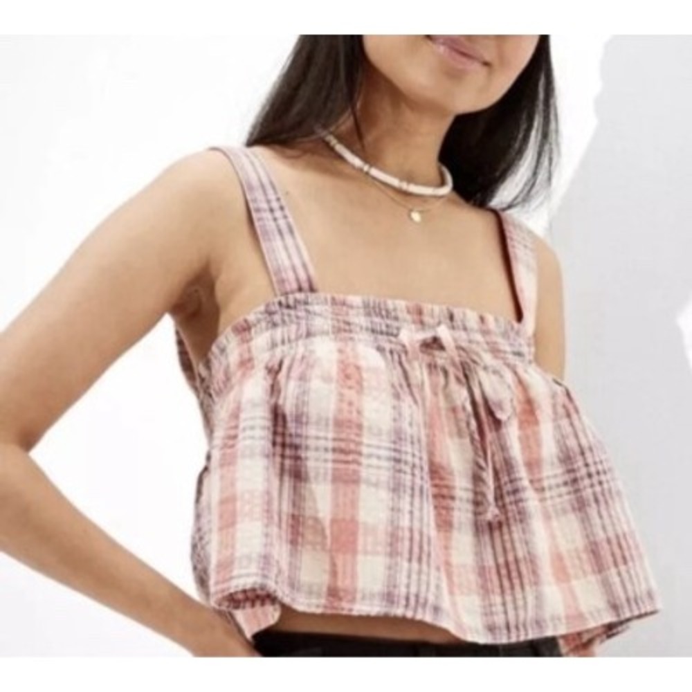 American Eagle Pink Plaid Smocked Cropped Cami Top Cotton Linen XS‎